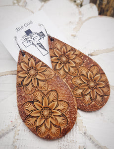 Tooled Leather Earrings - Floral Mandala