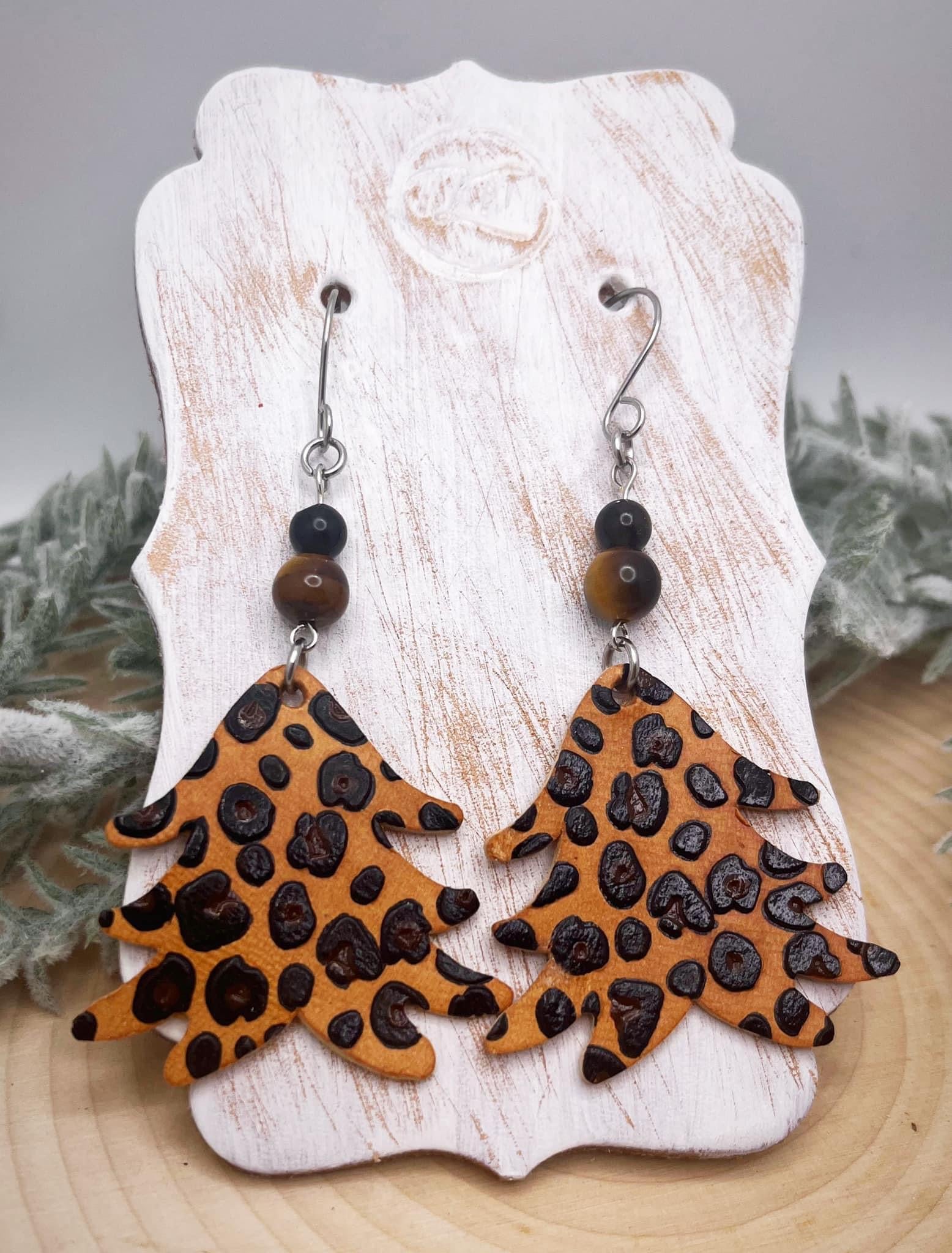 Tooled Leather Earrings: Cheetah Christmas Tree