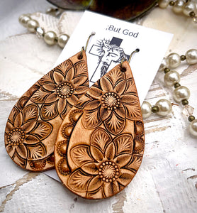 Tooled Leather Earrings- Floral Mandalas 2.50”
