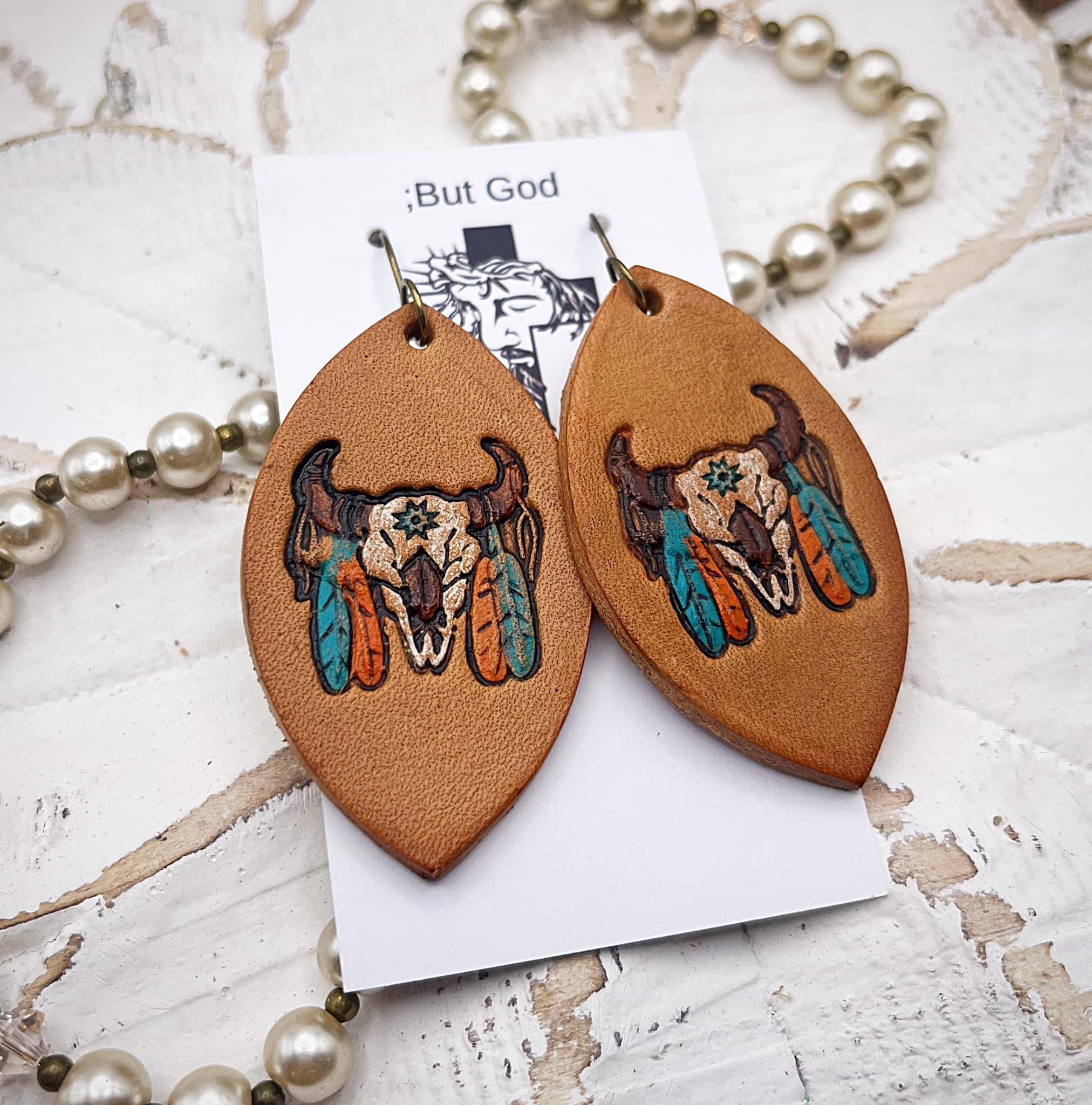 Tooled Leather Earrings - Courage