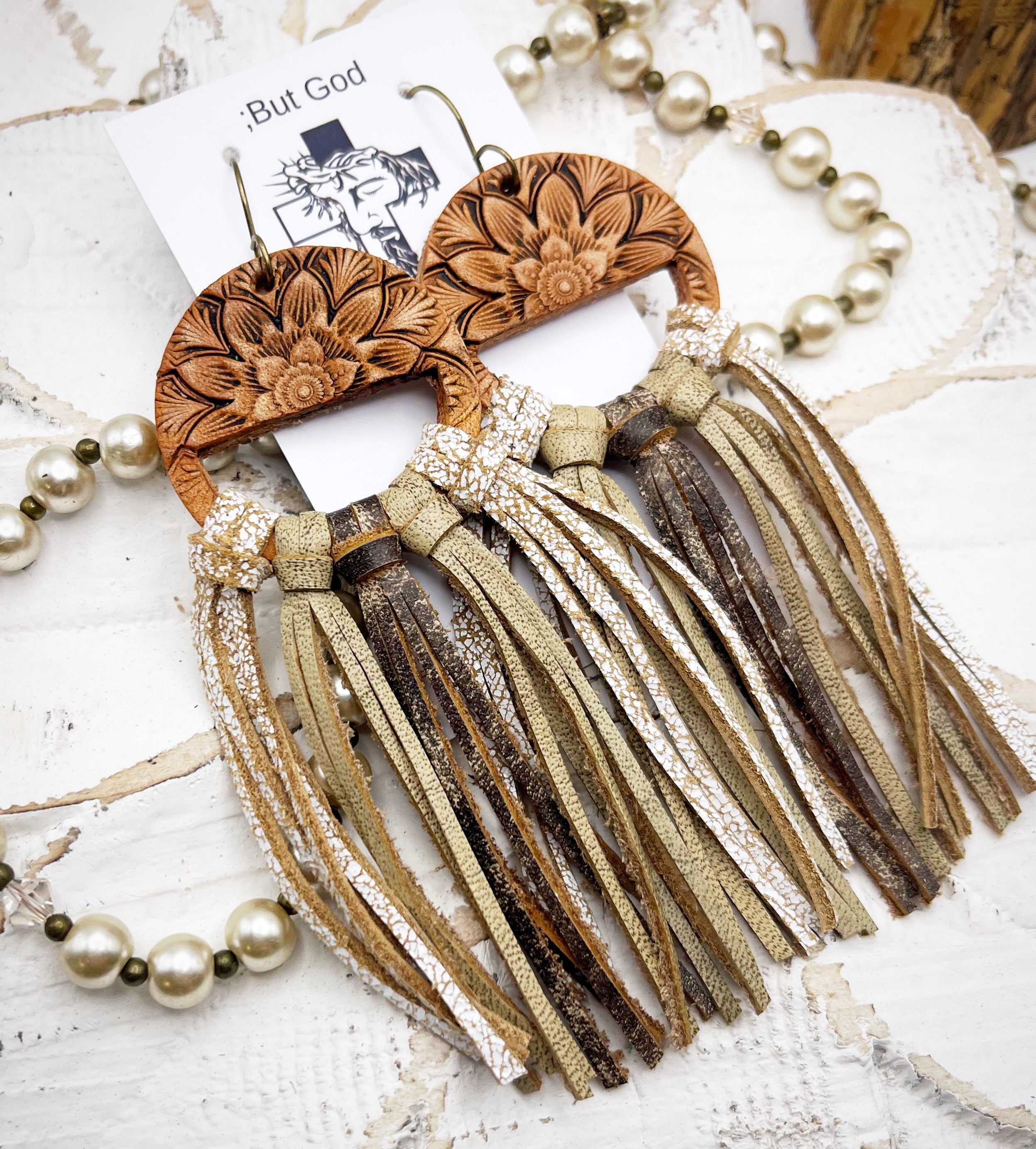 Tooled Leather Fringe Earrings-Floral Artisan Mix