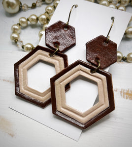 Tooled Leather Earrings- Open Hexy (Neutral)