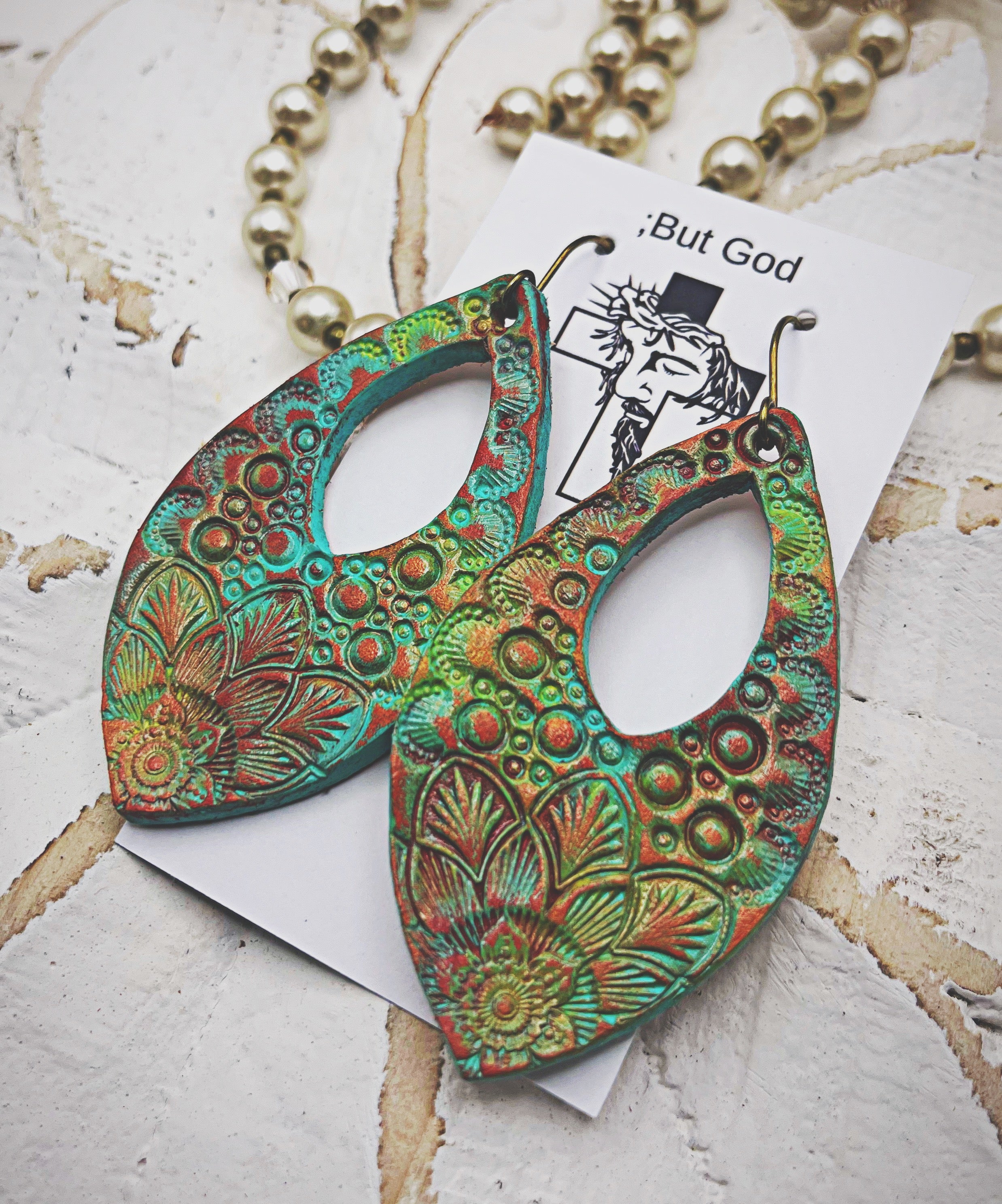 Tooled Leather Earrings- Floral Patina Crystals
