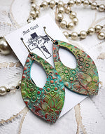 Load image into Gallery viewer, Tooled Leather Earrings- Floral Patina Crystals
