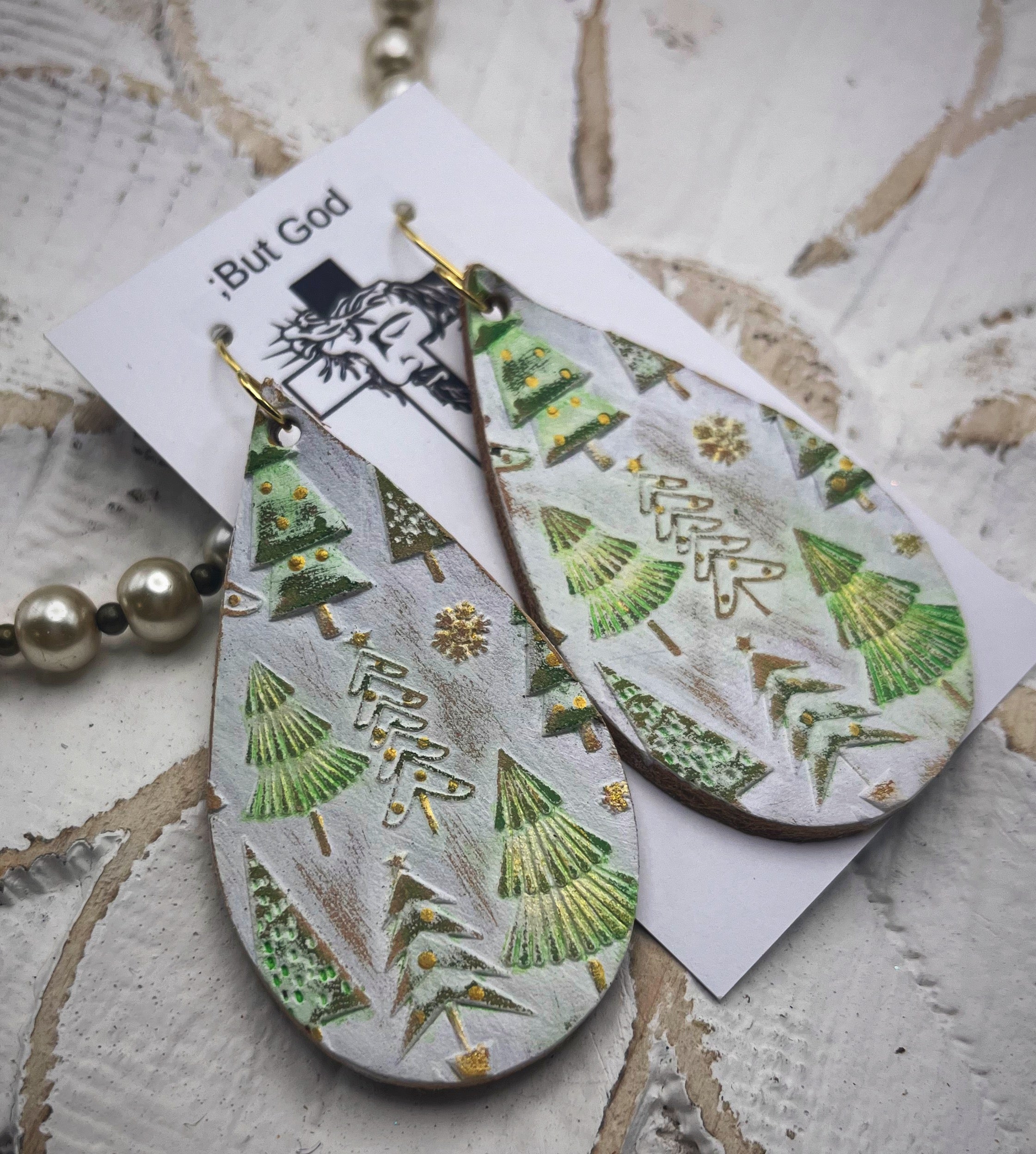 Tooled Leather Earrings- Embossed Trees (White/Green/Gold)