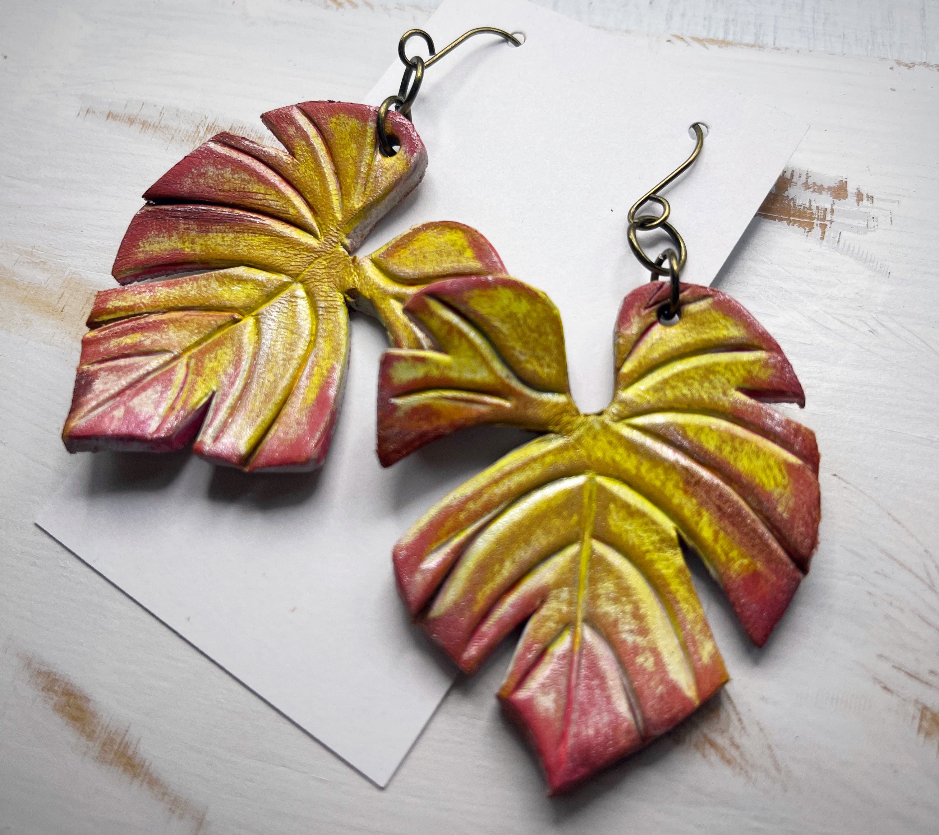 Tooled Leather Earrings- Tropical Monstera