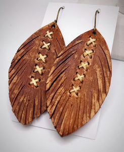 Tooled Leather Earrings - Cross stitched Feathers