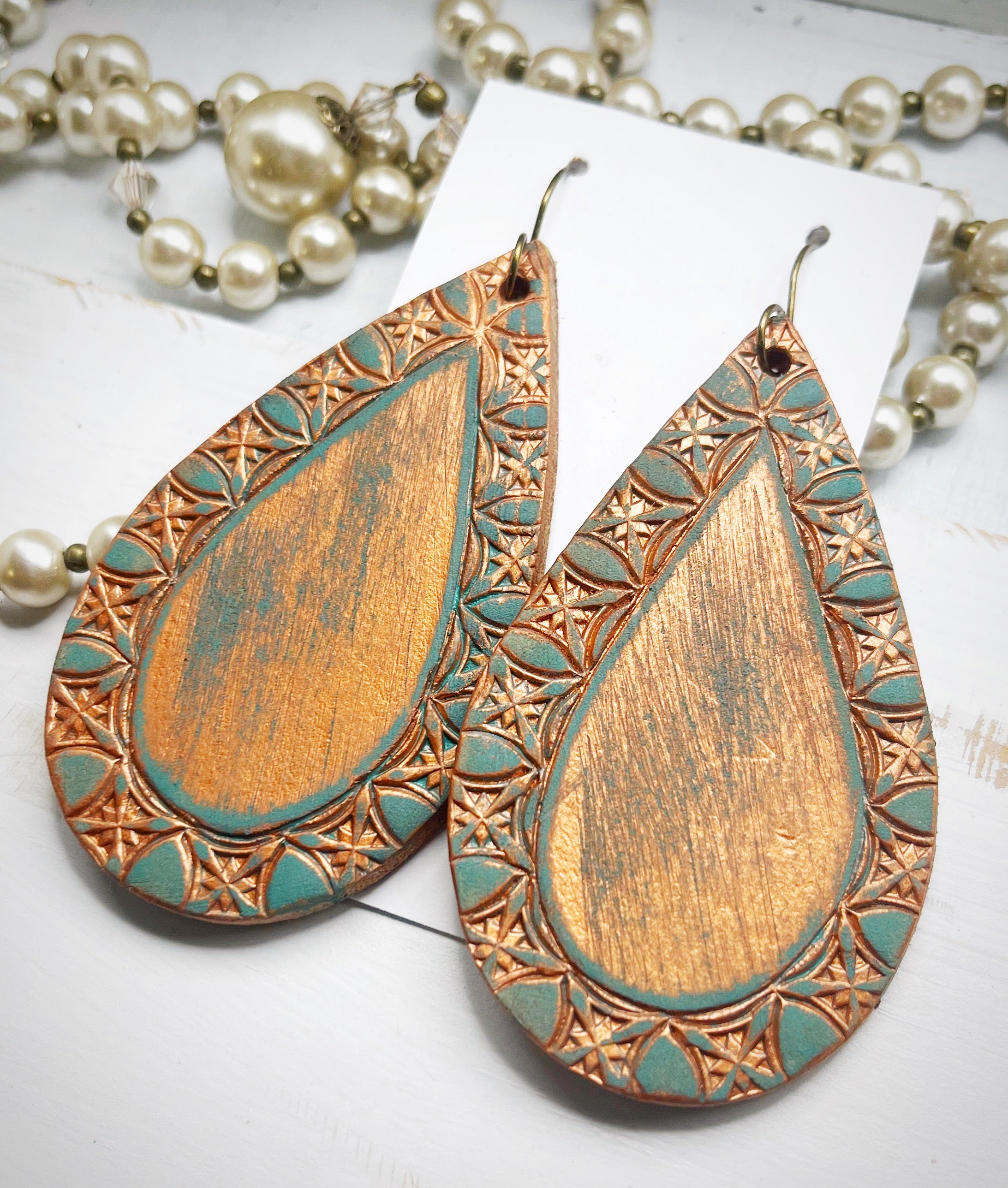 Tooled Leather Earrings- Patina Tear Drops