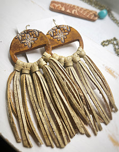 Tooled Leather Fringe Earrings - Artisan Camel
