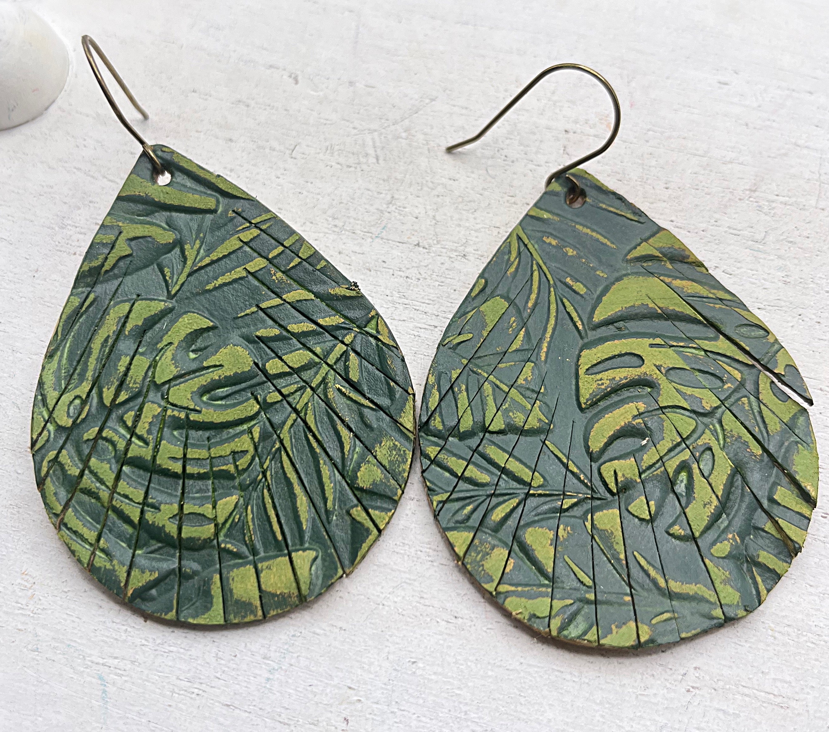 Leather Earrings- Tropical Leaves Chunky Tear Drop