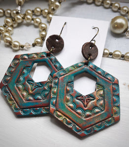 Tooled Leather Earrings- Vintage Hexy