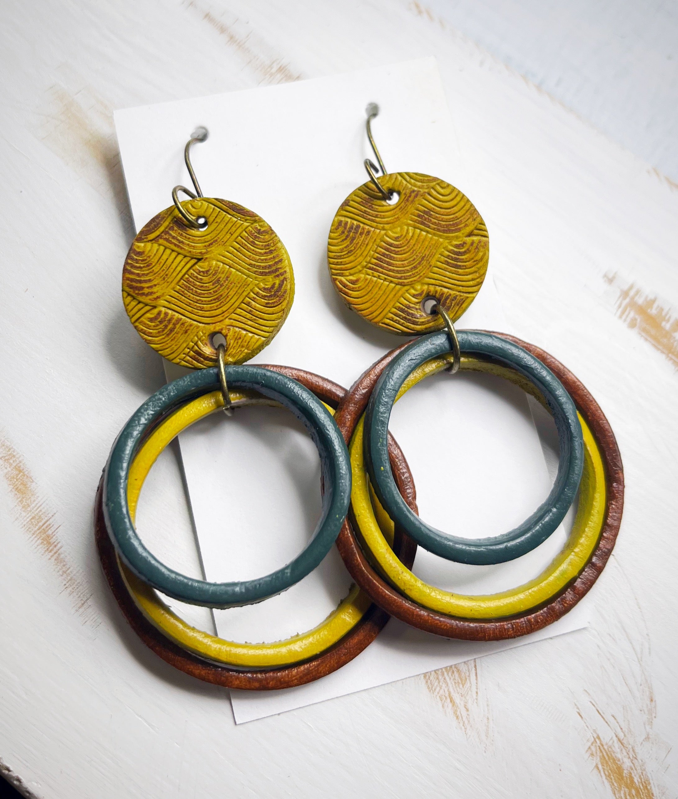 Tooled Leather Earrings- Triple Stacked circles