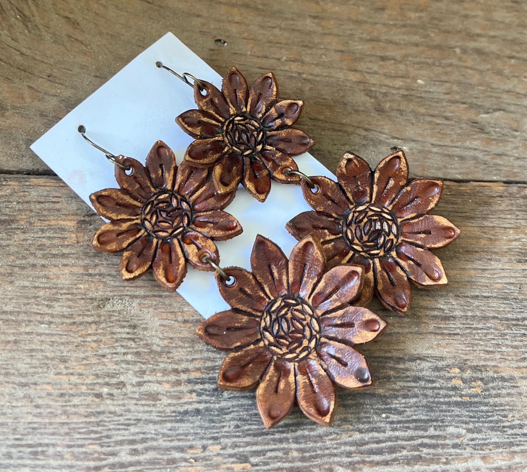 Tooled Leather Earrings: Rustic Sunflower Dangles