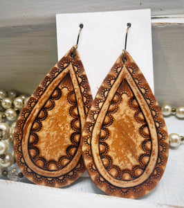 Tooled Leather Earrings - Alora (Natural/Antiqued)