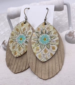 Load image into Gallery viewer, Tooled Leather Earrings- Floral Boho Fringe

