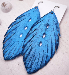 Leather Earrings- Filigree Feathers Blue/Navy