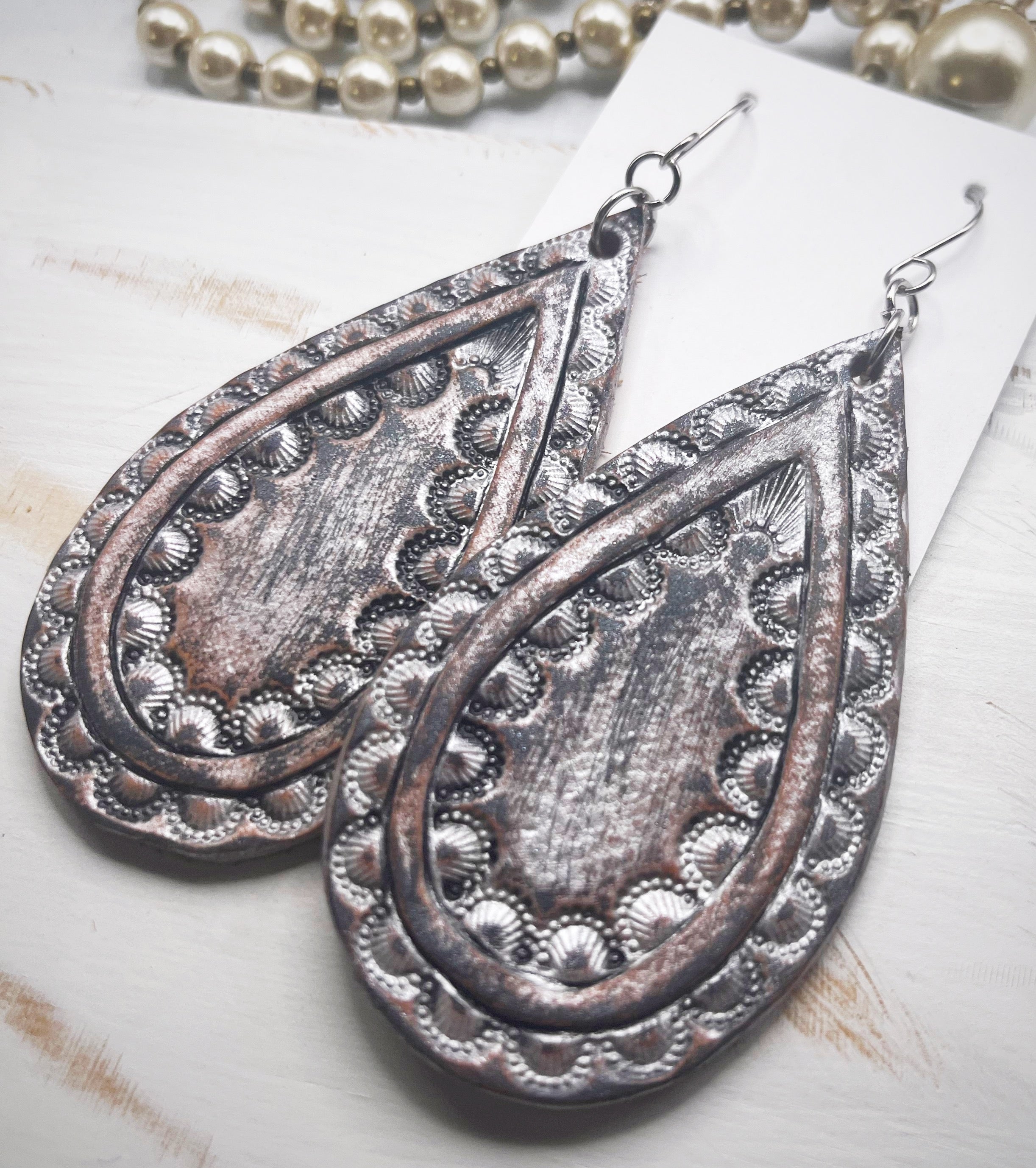 Tooled Leather Earrings- Alora Silver/Black