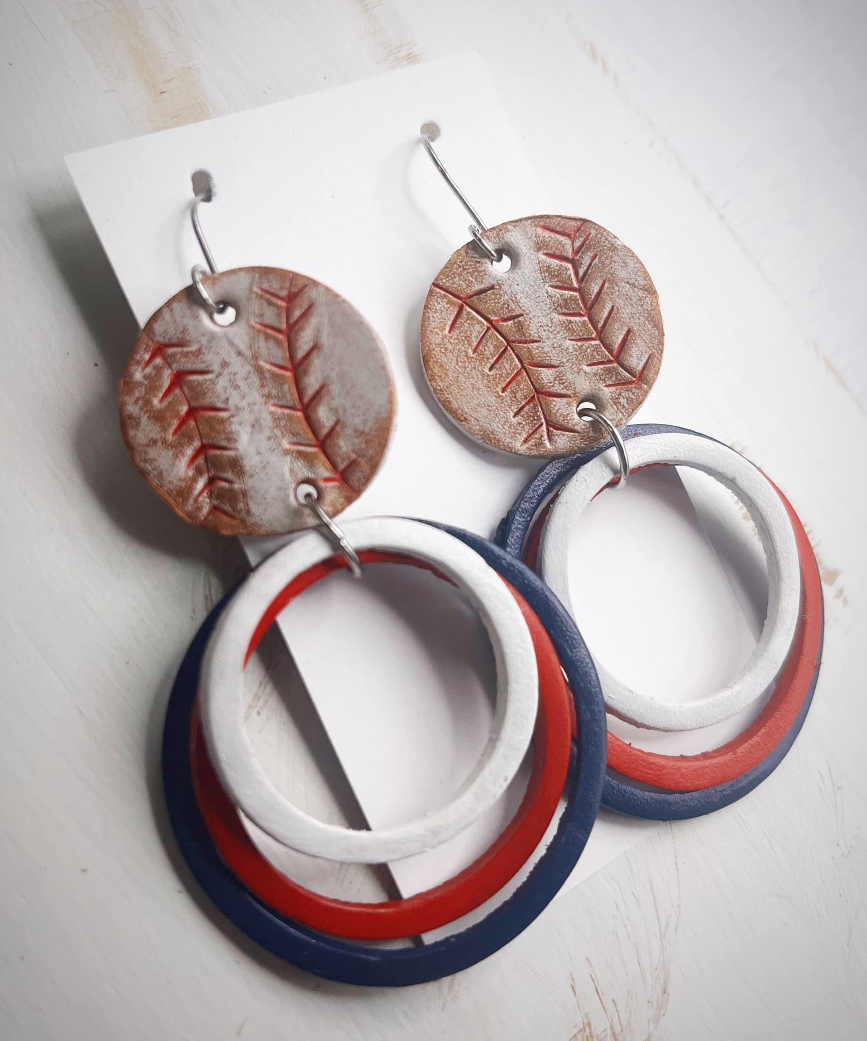 Tooled Leather Earrings- Baseball Triple Stack Circled