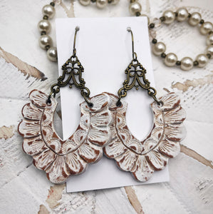 Tooled Leather Earrings- Delania (White/Brown)