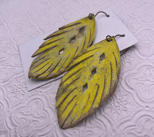 Leather Earrings- Filigree Feathers - Yellow Distressed