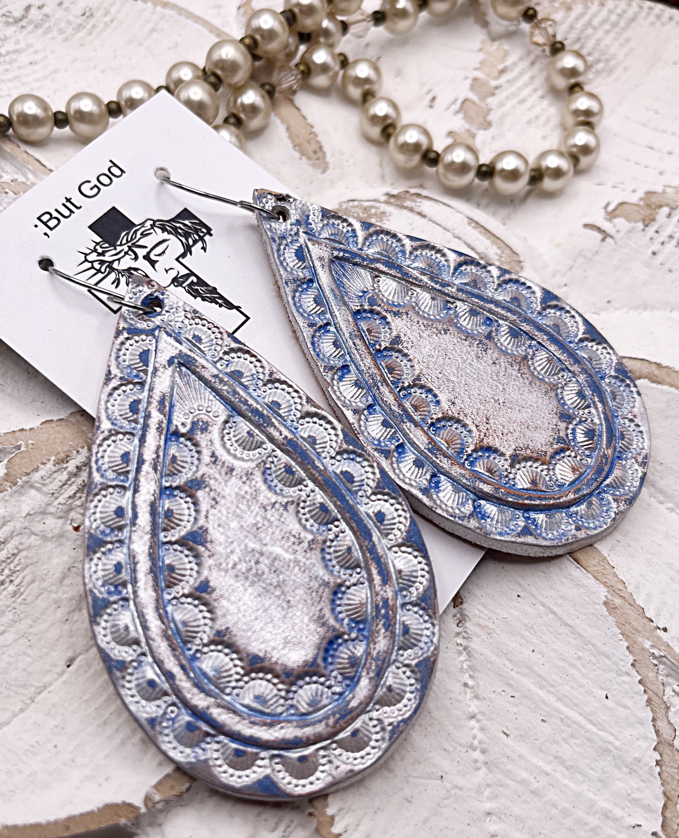 Tooled Leather Earrings- Alora Silver/Melo Blue