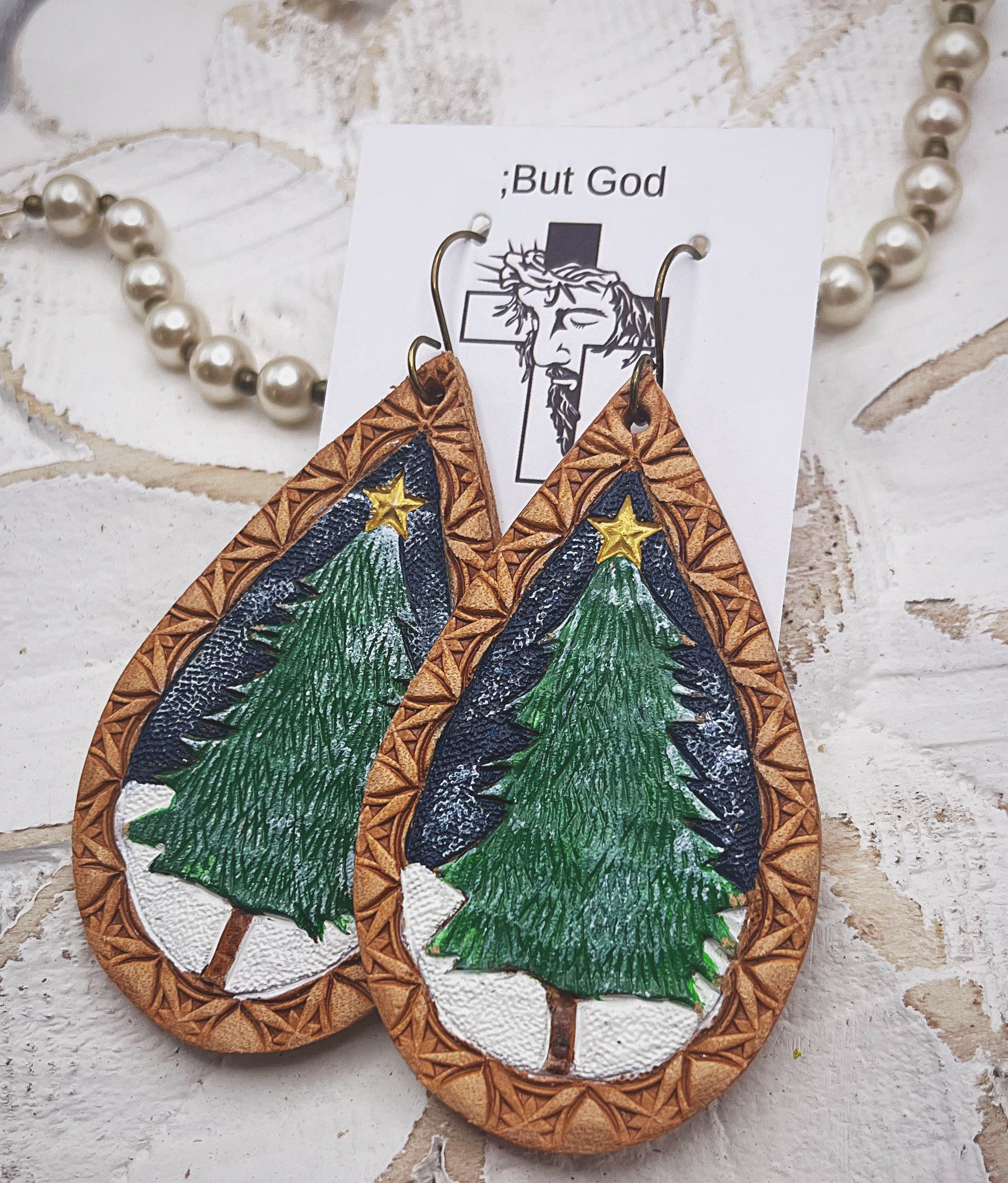 Tooled Leather Earrings- Snowy Winter Night