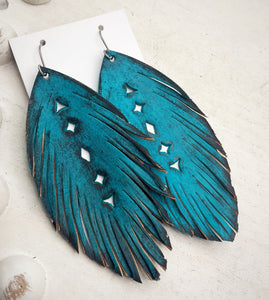 Leather Earrings- Filigree Feathers Turqouise/Black
