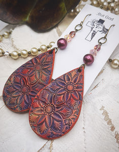 Tooled Leather Earrings- Floral Mandala