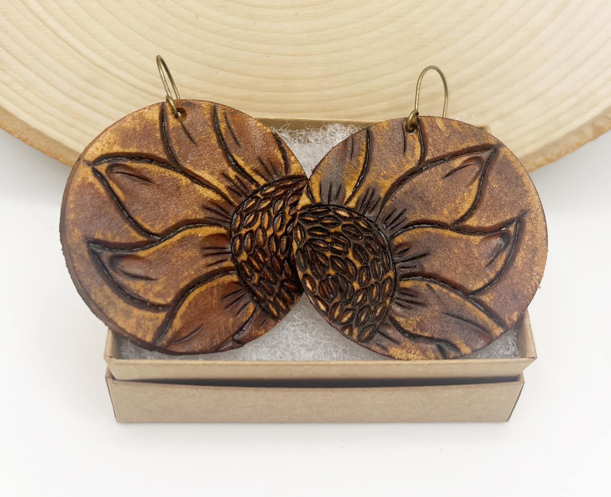 Tooled Leather Earrings - Rustic Sunflowers