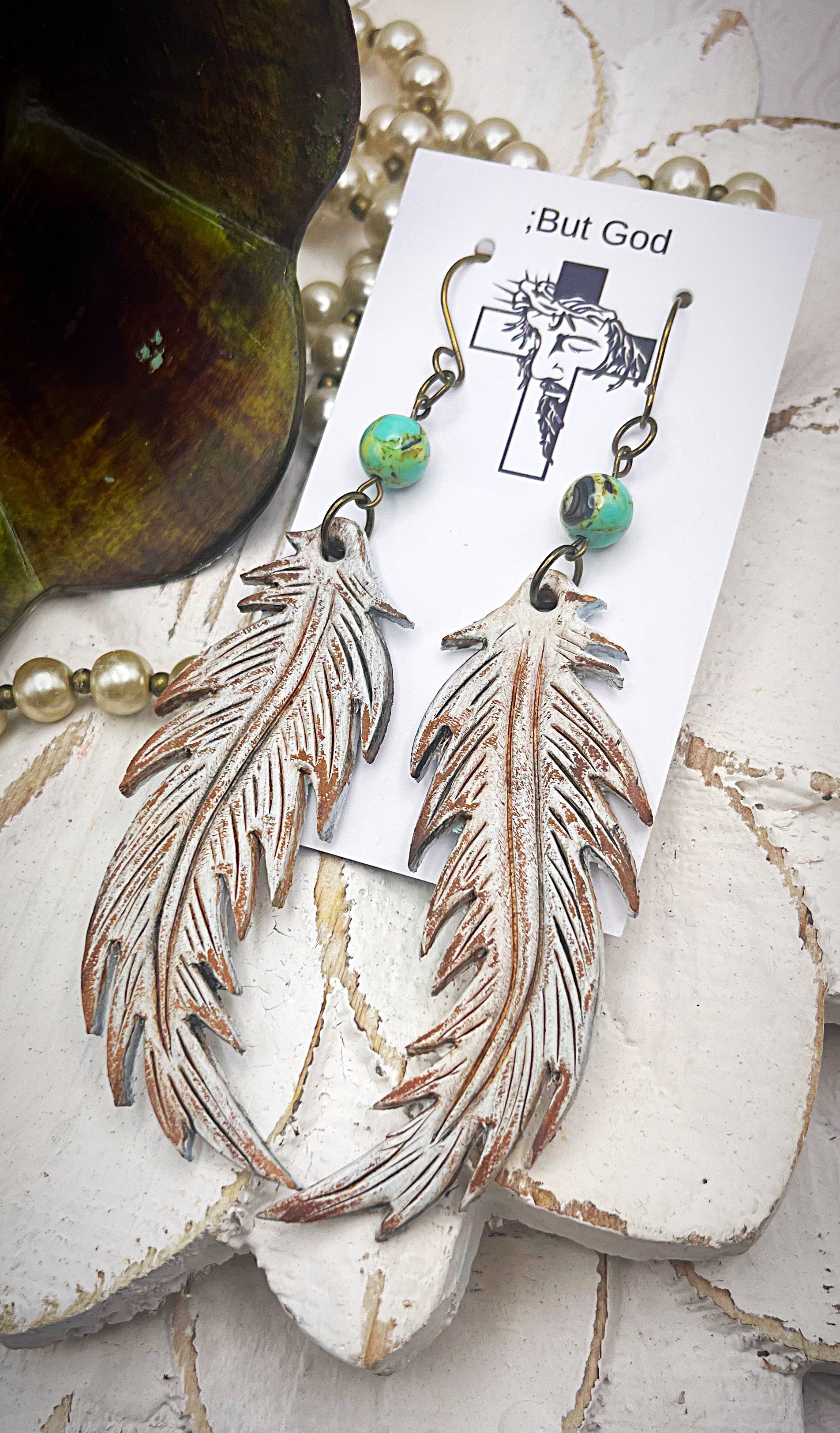 Tooled Leather Earrings- Feather (White Distressed)