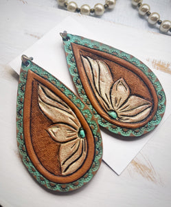 Tooled Leather Earrings- Framed Petals