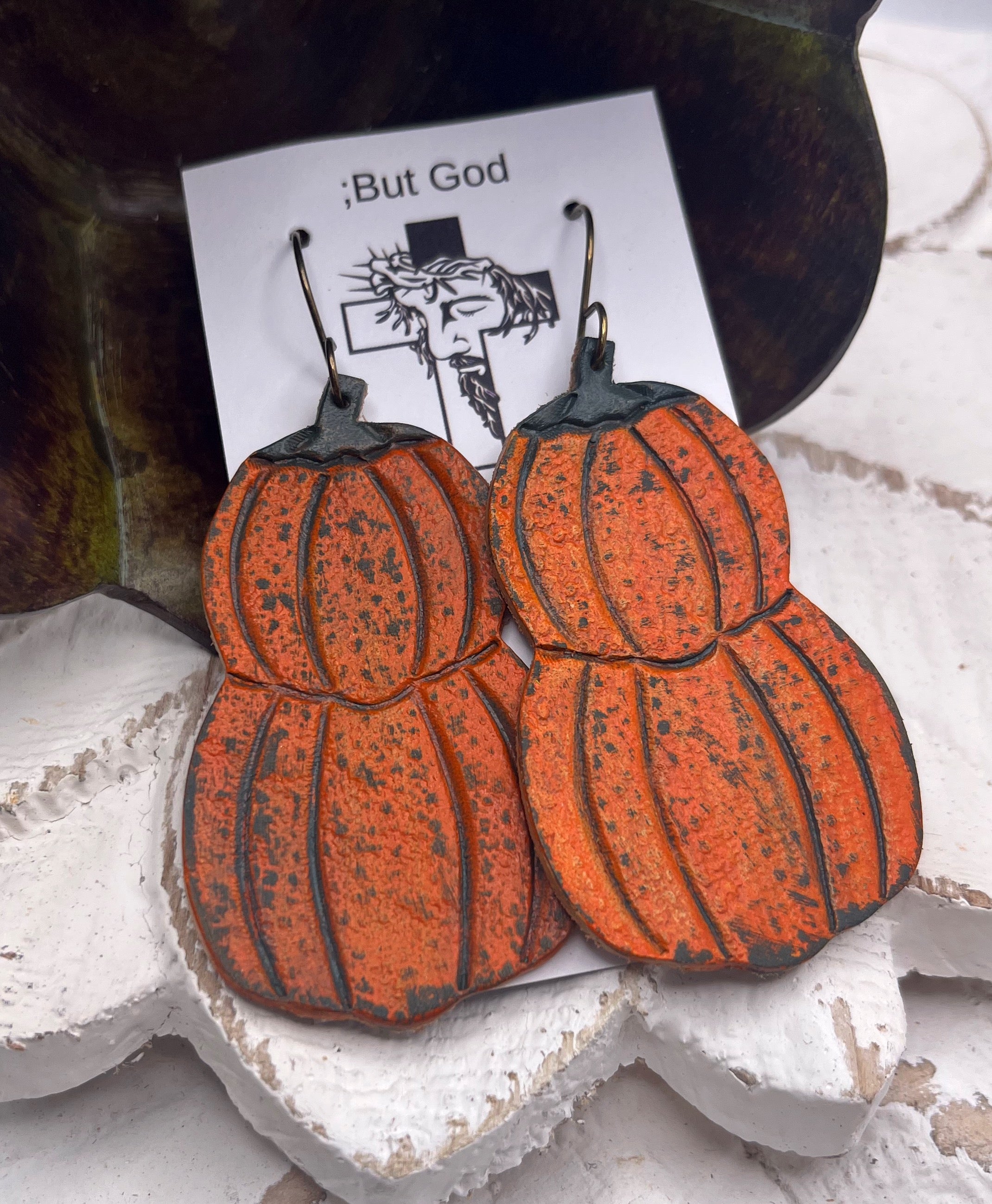 Tooled Leather Earrings- Stacked Pumpkins