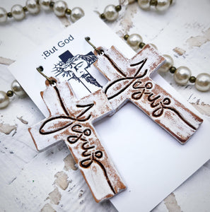 Leather earrings- Jesus Cross (White/brown)