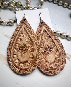 Tooled Leather Earrings- Alora (cream/brown)