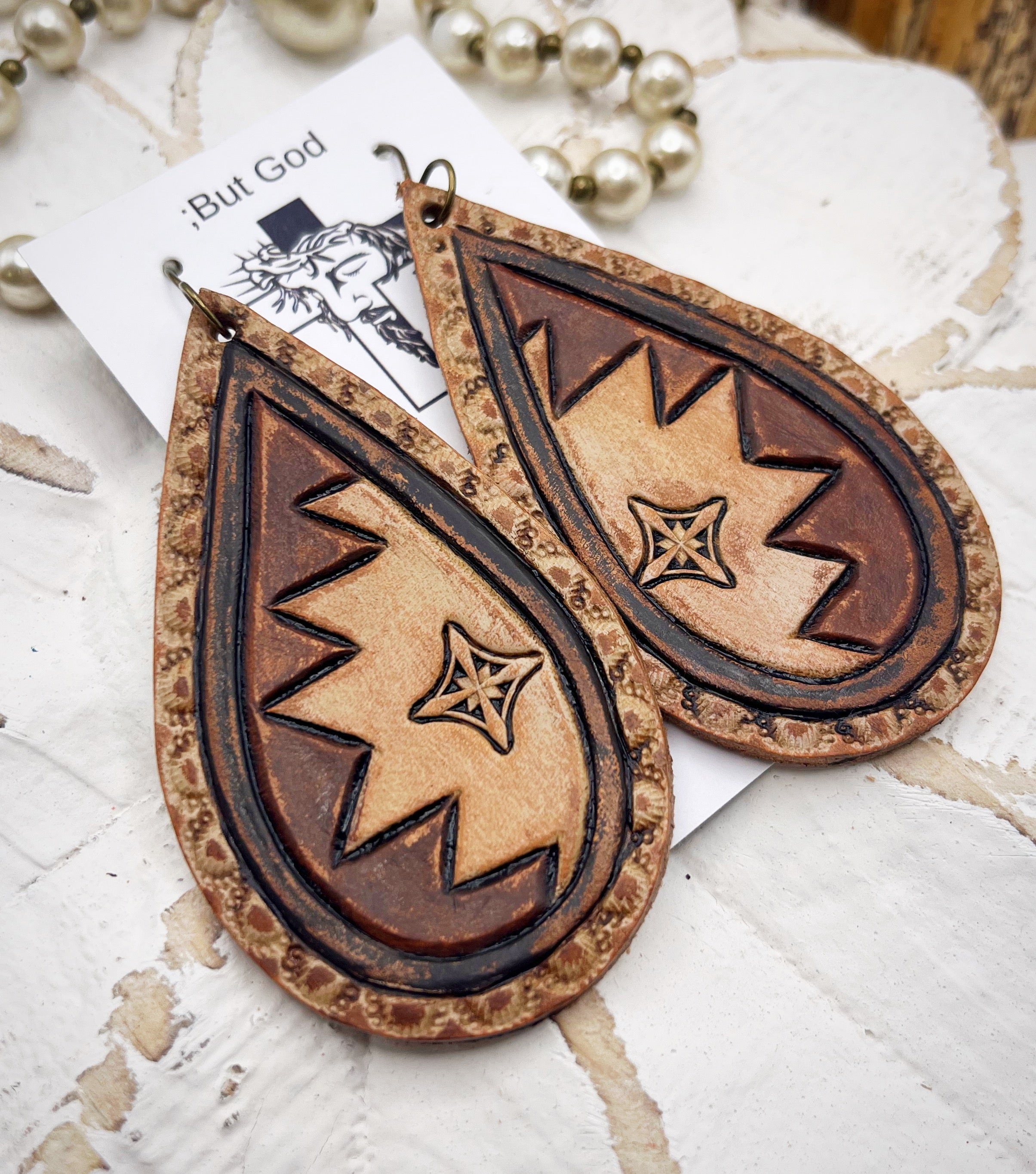 Tooled Leather Earrings- Tear Drops (Neutrals)
