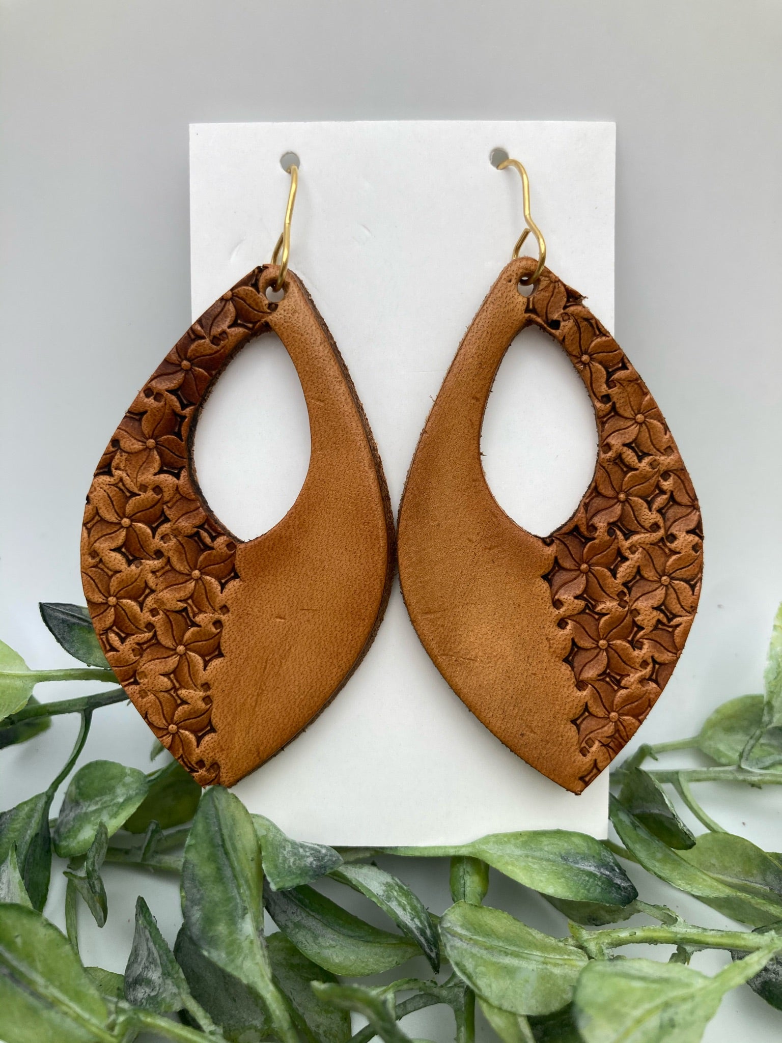 Tooled Leather Earrings - Crystals Geo
