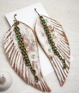 Tooled Leather Earrings- Dawning Side Feather (White washed)