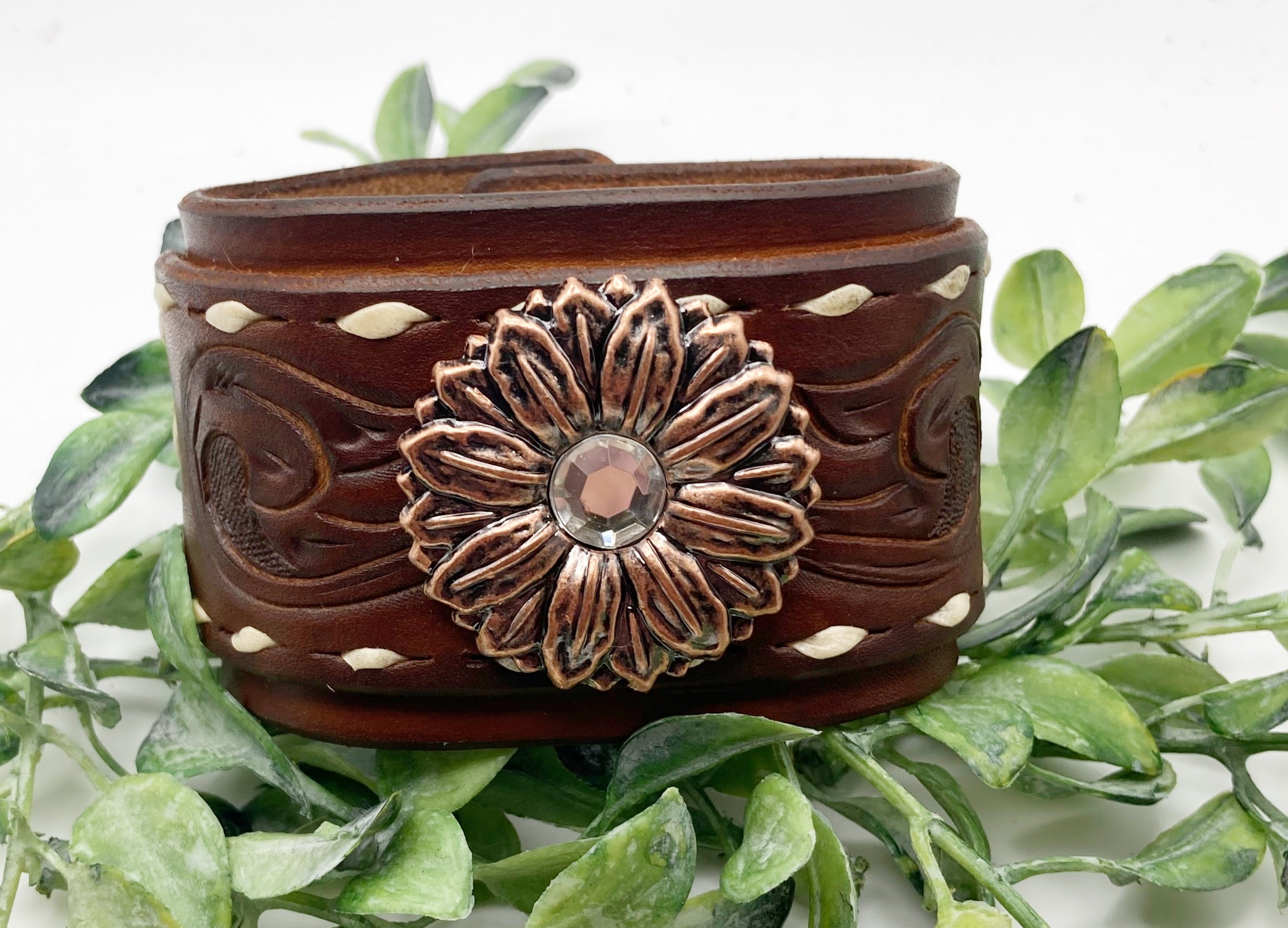 Tooled Leather Cuff Bracelet with Buck Stitch and Sunflower Concho