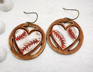 Tooled leather earrings- Circles Baseball Hearts