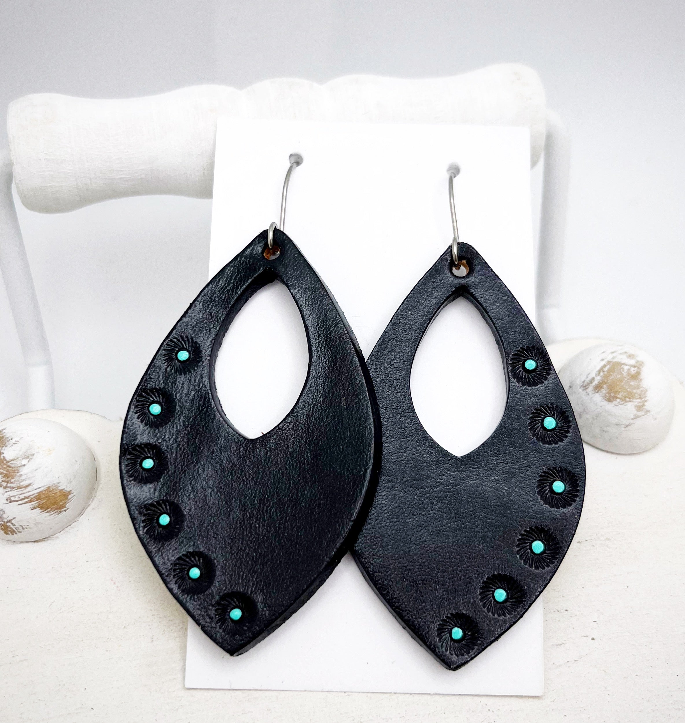 Tooled Leather Earrings- Crystal Dots (Black/Turq)