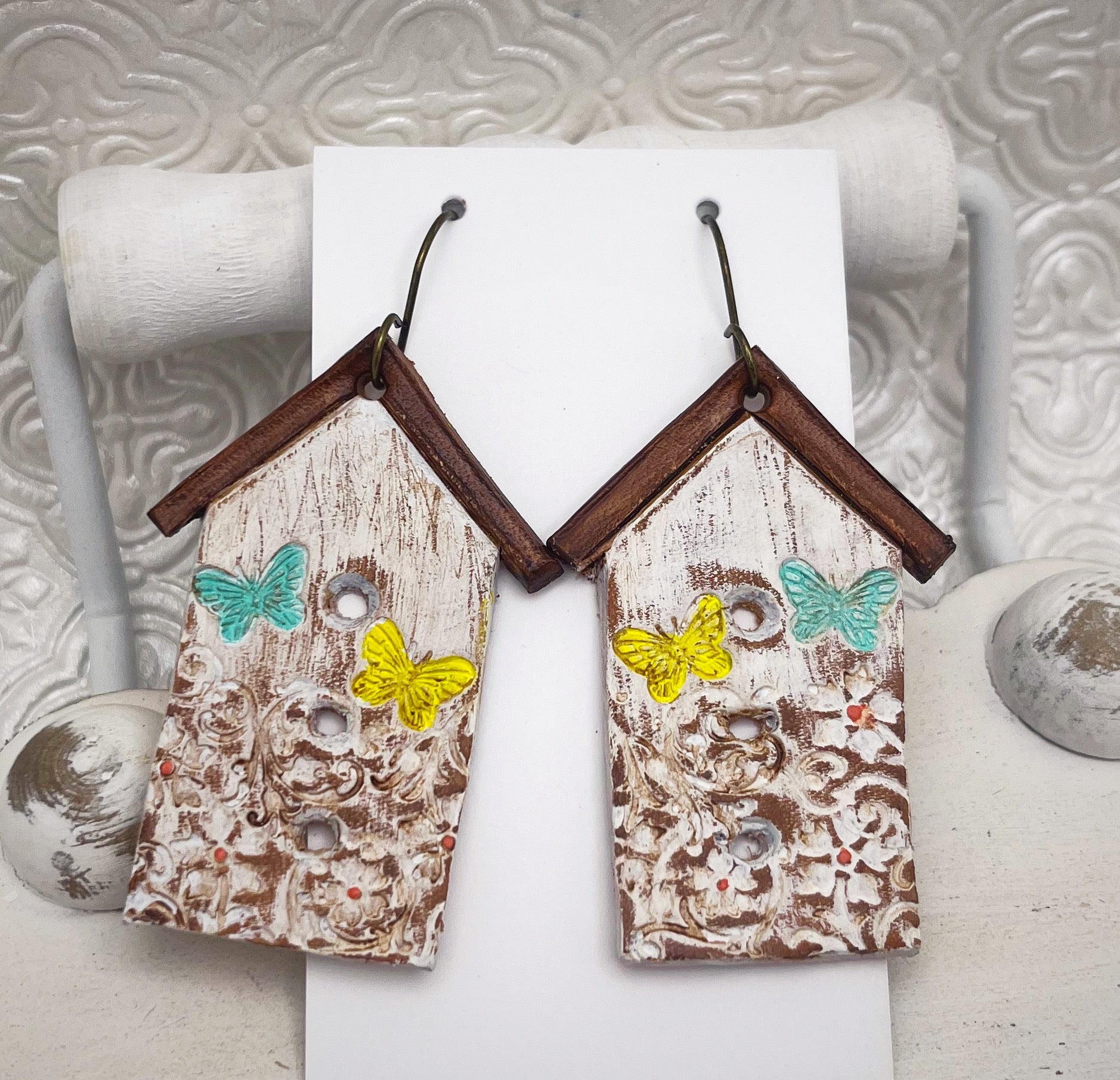 Tooled Leather Earrings - Rustic Birdhouse