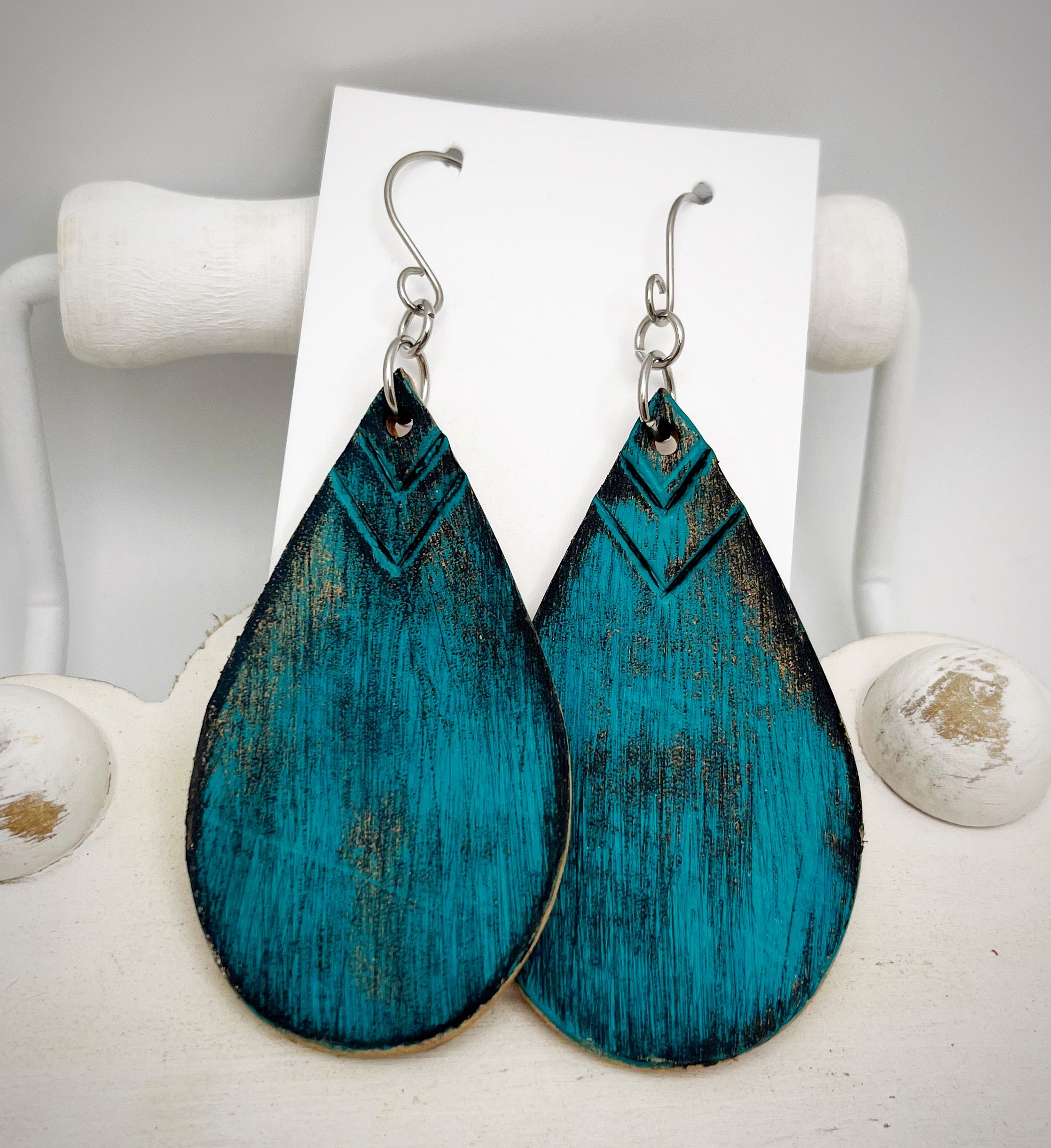 Tooled Leather Earrings- Darby/ Turq/black distressed