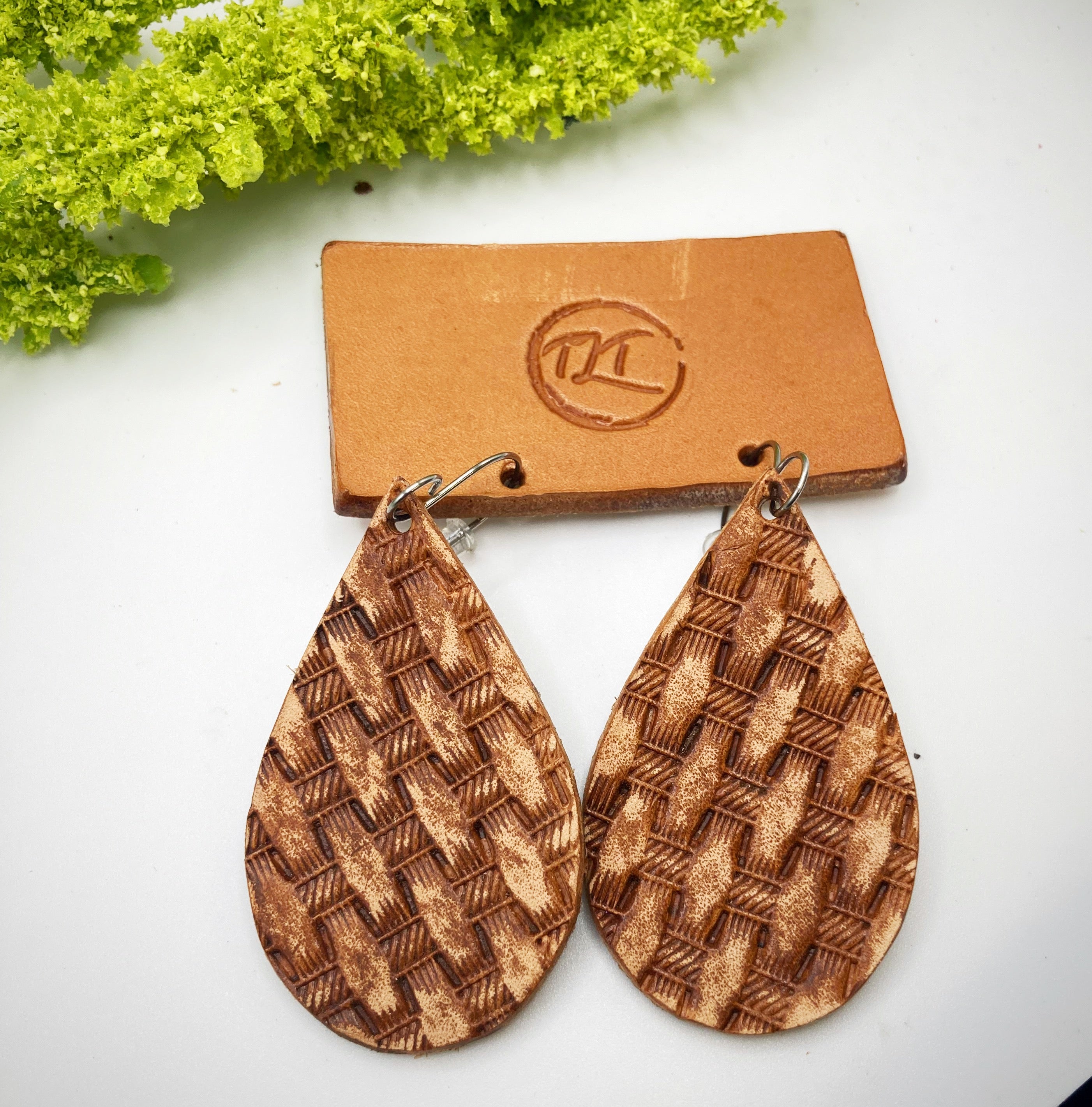 Tooled Leather Earrings - Basket Weaver