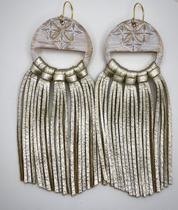 Tooled Leather Fringe Earrings - Nancy (Platinum/White)
