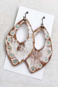 Tooled Leather Earrings- Crystal Dots (White/Brown/Turq)
