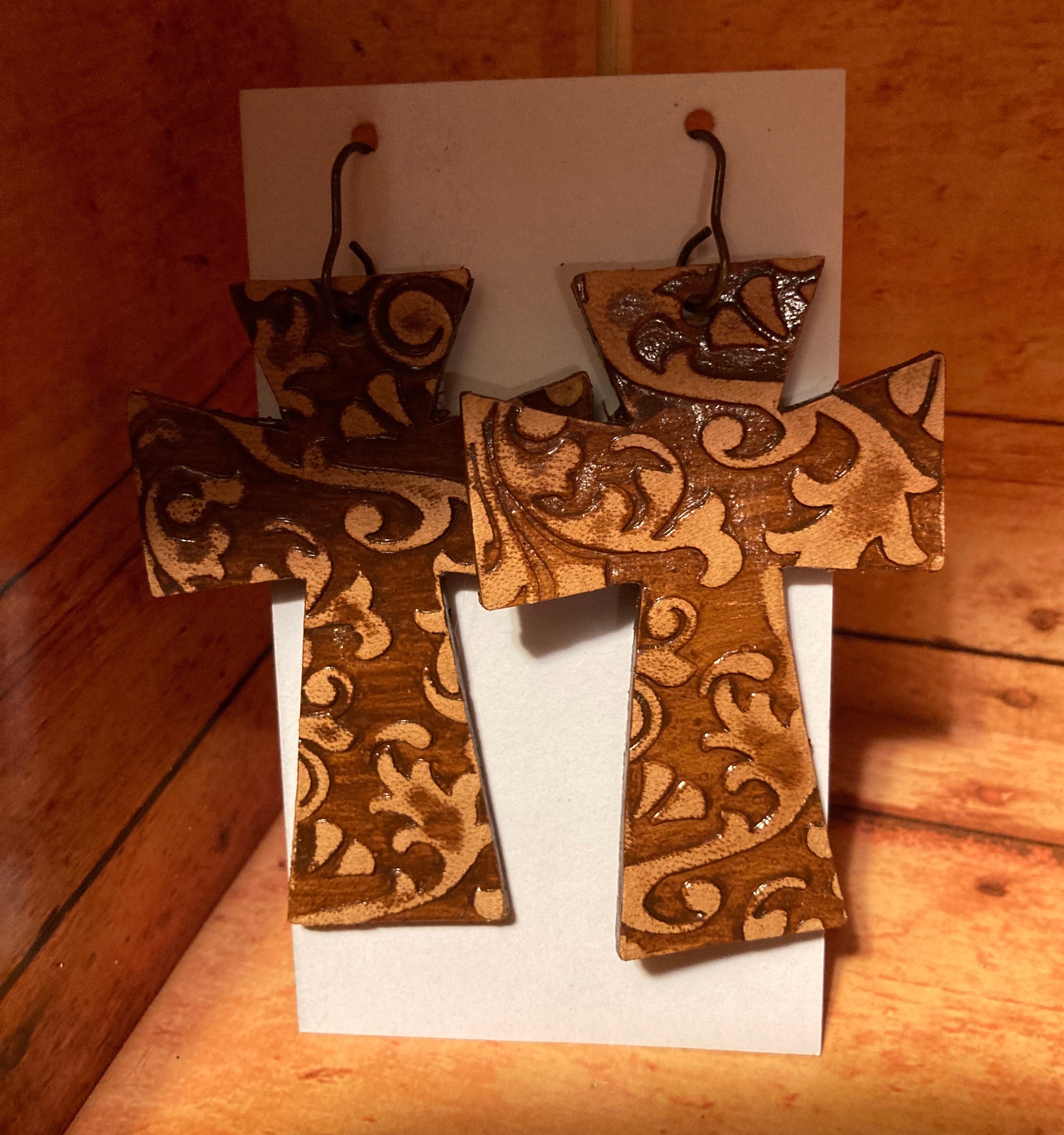 Tooled Leather Earrings - Damasked Cross