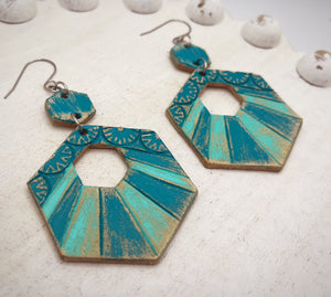 Tooled Leather Earrings- Hexagons/ Large