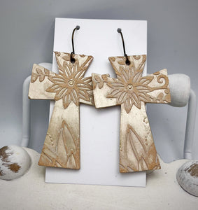 Leather Earrings - Floral Cross/Platinum distressed