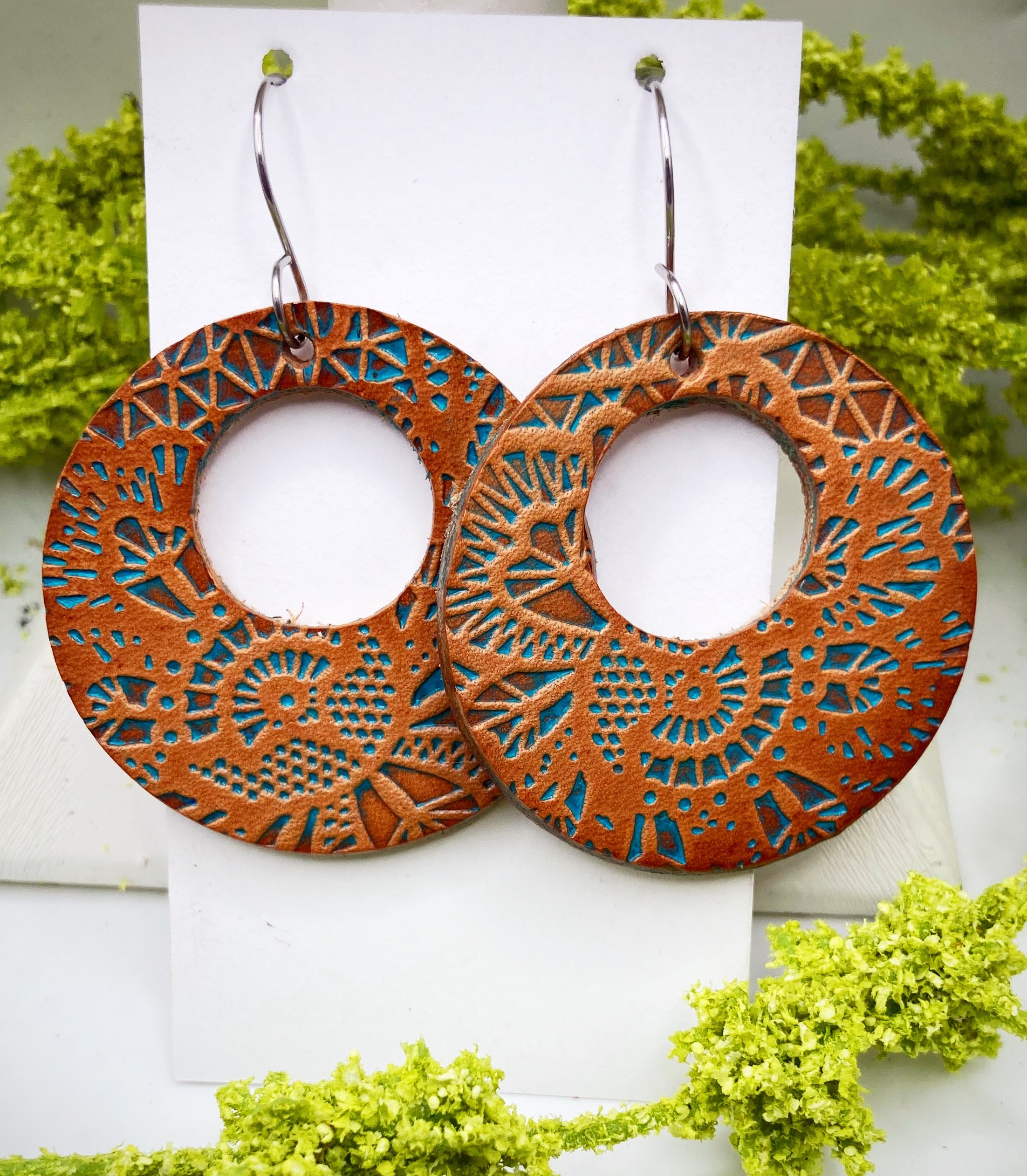 Tooled Leather Earrings- Turquoise and Lace Hoops