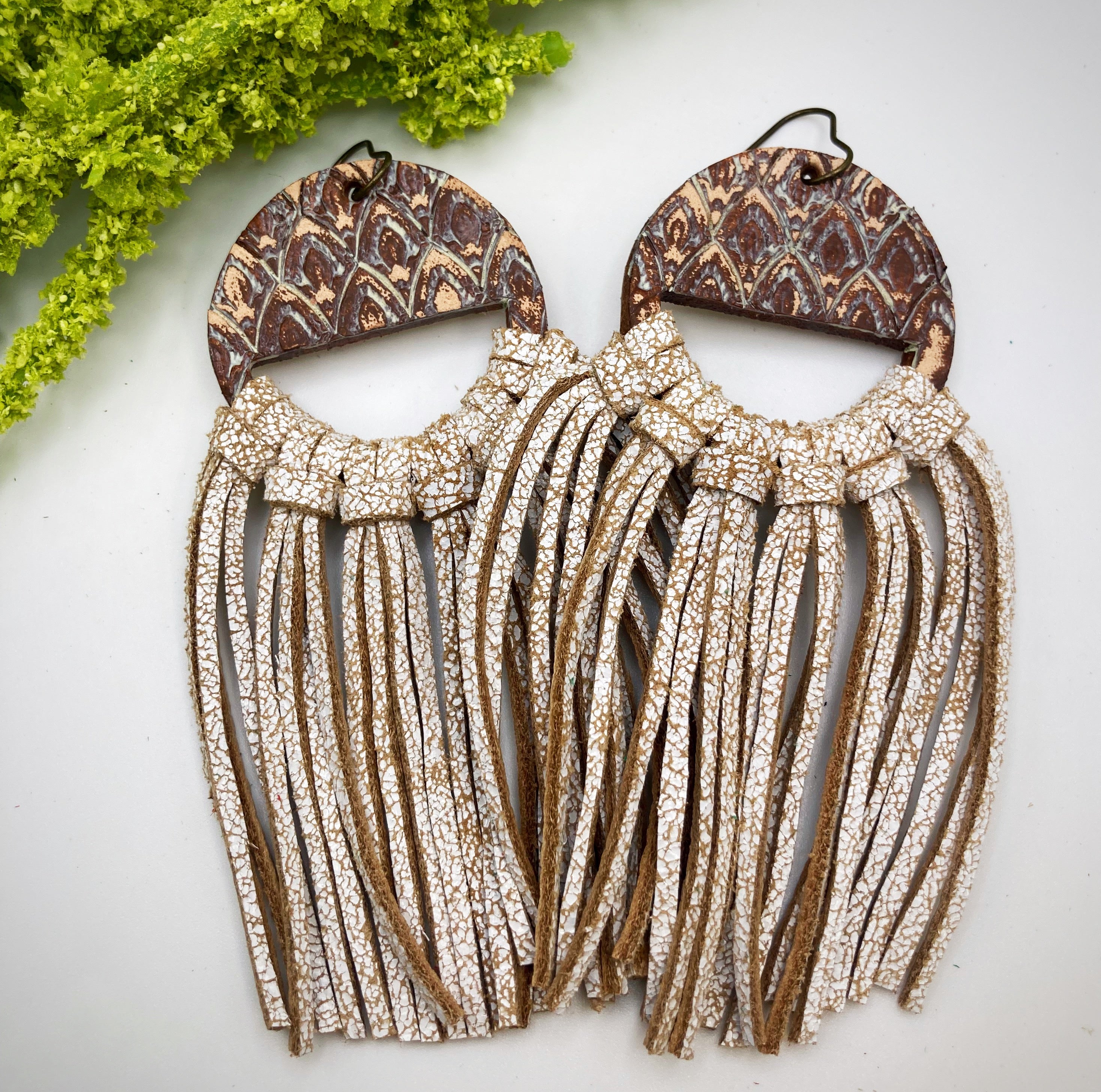 Tooled Leather Fringe Earrings - Cashmere Crackle